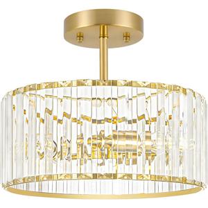 Modern Crystal Ceiling Light, Brushed Gold Semi Flush Mount Ceiling Lighting Fixture, Brass Hallway Light Fixtures Chandelier for Kitchen, Bedroom Dining Room Hallway Closet, 3-Light, 12 Inch