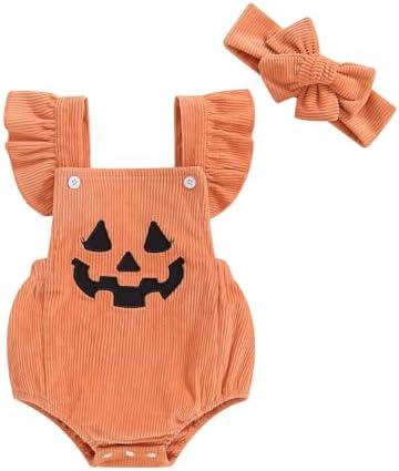 My First Halloween Baby Girl Outfit Newborn Pumpkin Face Print Bubble Romper Jumpsuit Overalls Pumpkin Clothes (6-12 Months)
