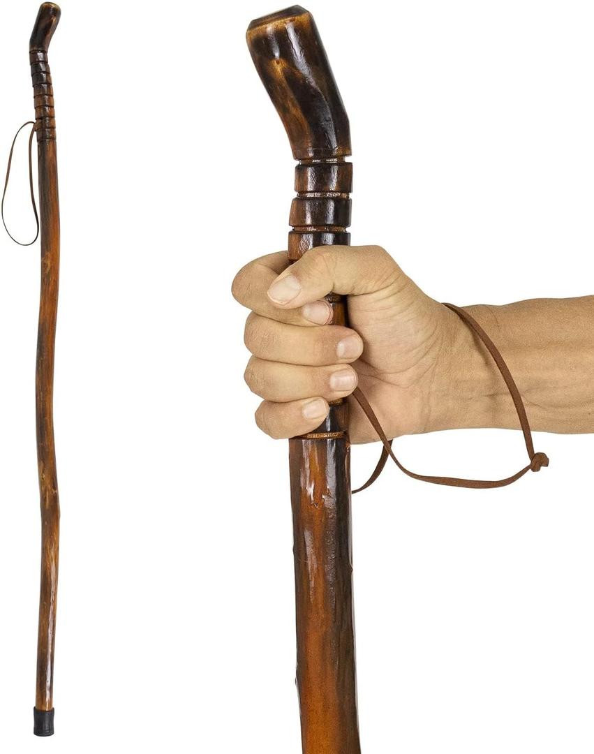 Vive Wooden Walking Stick for Hiking - Handcrafted, Waterproof, with Leather Wrist Strap - Wood Staff for Balance, Women, Men, Seniors - Non-Slip Tip for Safety, 55 Inches