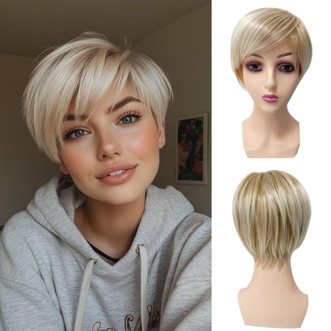 Sallcks Short Blonde Wigs for Women Layered Mixed Platinum Blonde Synthetic Heat Resistant Pixie Wig for Party Cosplay Use