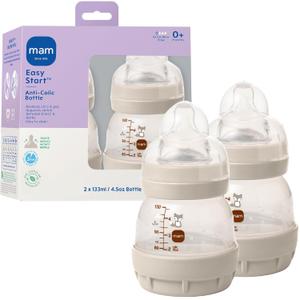 MAM 4.5oz Easy Start Anti-Colic Wide Neck Vented Baby Bottle, Extra Slow Flow Breastfeeding-Like Silicone Nipple, Reduces Colic, Gas & Reflux, Easy to Clean, BPA Free, 0+ Months, Made in Europe