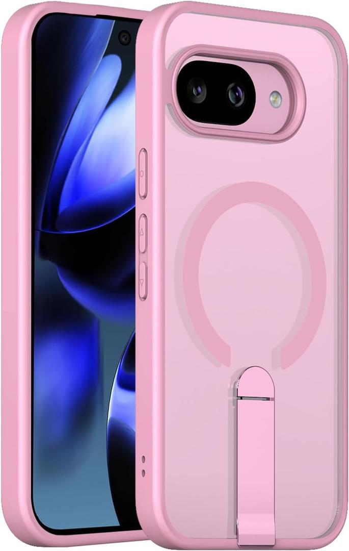 Niuuro Magnetic for Google Pixel 9a Case with Stand (Compatible with MagSafe)(Military Grade Drop Protection) Slim Translucent Matte Shockproof with Invisible Kickstand Phone Case, Pink