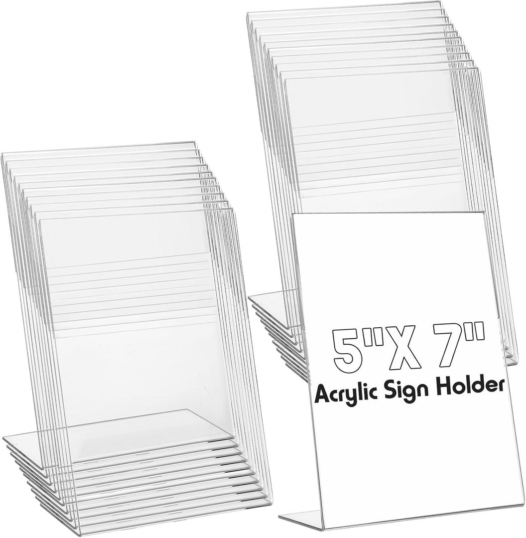 Vicenpal 20 Pcs 5 x 7 Inch Acrylic Sign Holder Acrylic Picture Frames Plastic Picture Flyer Holder l Shaped Photo Frames Self Standing Desktop Table Signs for Office, Store, Restaurant, Vertical