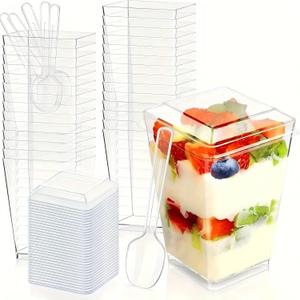 100 Pack 5 oz Square Clear Plastic Dessert Cups with Spoons and Lids, Small Clear Plastic Tumbler Cups Great for Desserts, Appetizers, Puddings, Mousse and more