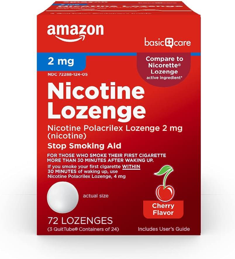 Amazon Basic Care Nicotine Polacrilex Lozenge 2 mg, Cherry Flavor, Stop Smoking Aid, 72 Count