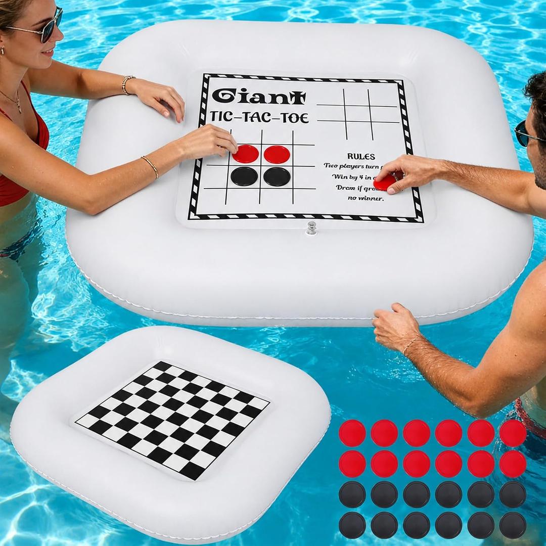 3-in-1 Pool Games Set Inflatable Giant Tic Tac Toe Checkers Board Game with 24 Chips 3.48Ft Double-Sided Foldable Float Water Toys Outdoor Play for Summer Swimming Pool Family Reunion Party