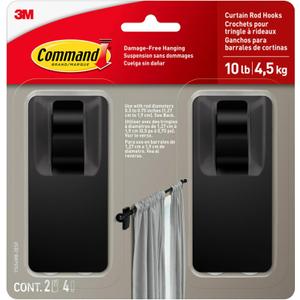 Command 10 lb Matte Black Curtain Rod Hooks, 2 Hooks and 4 Strips, No Drilling Christmas Decorations, Use with Rod Diameters 0.5-0.75"