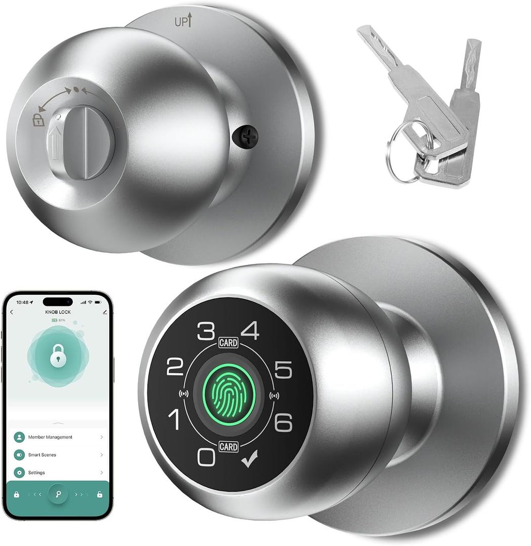 Fingerprint Smart Door Knob with Fingerprint & Keypad, App Controlled Biometric Keyless Entry Door Lock for Bedroom, Storage Room, ApartmentOffice, Hotel (Silver)-HL-8
