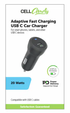 Cell Candy Adaptive Fast Charging USB-C car Charger for any USB-C devices 20 Watts