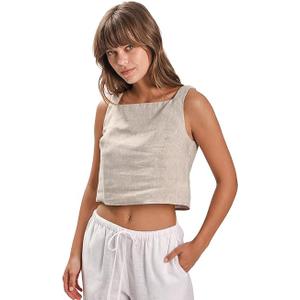 Amazhiyu Womens 100% Linen Summer Square Neck Sleeveless Back Keyhole Crop Tops M