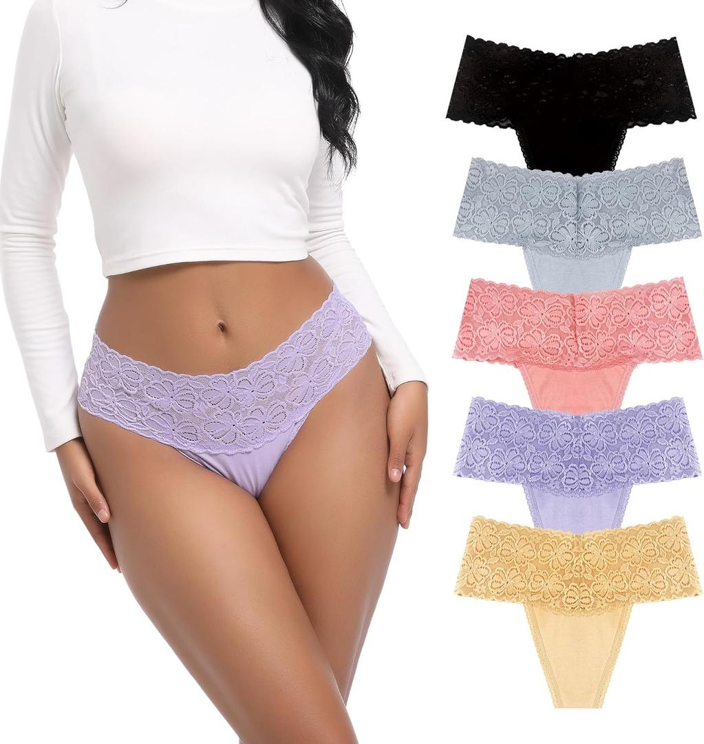 Retro Lace Thongs For Women Plus Size Breathable Seamless Cotton Panties Tummy Control High Waisted Underwear Pack 5 (Medium, Black+grey+nude+light Purple+pink)