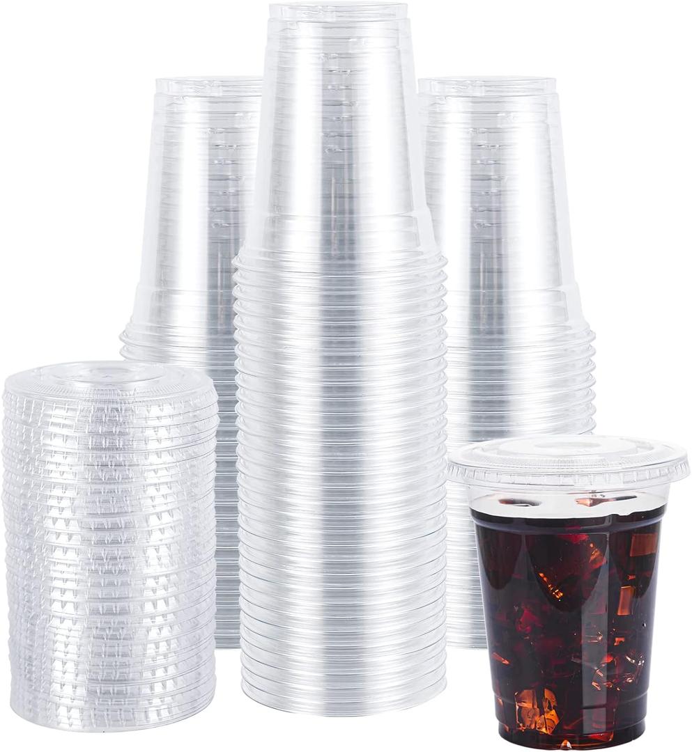 Lullaby 200 Pack 12oz Clear Plastic Cups with Lids, Disposable To Go Cups for Daily Use, Party and Wedding
