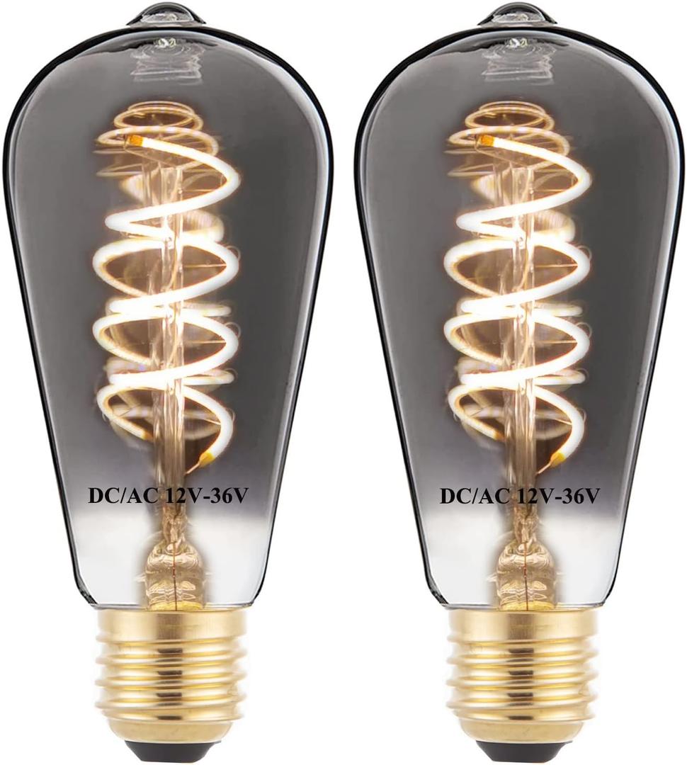 12V Edison Bulb Low Voltage Warm White 2700K E26 Base, DC/AC 12V 24V 36V LED Light Bulbs 40W Equivalent Smoky Grey Glass for RV Camper, 2 Pack (St64-smoke Grey 4w 2700k 2pack)