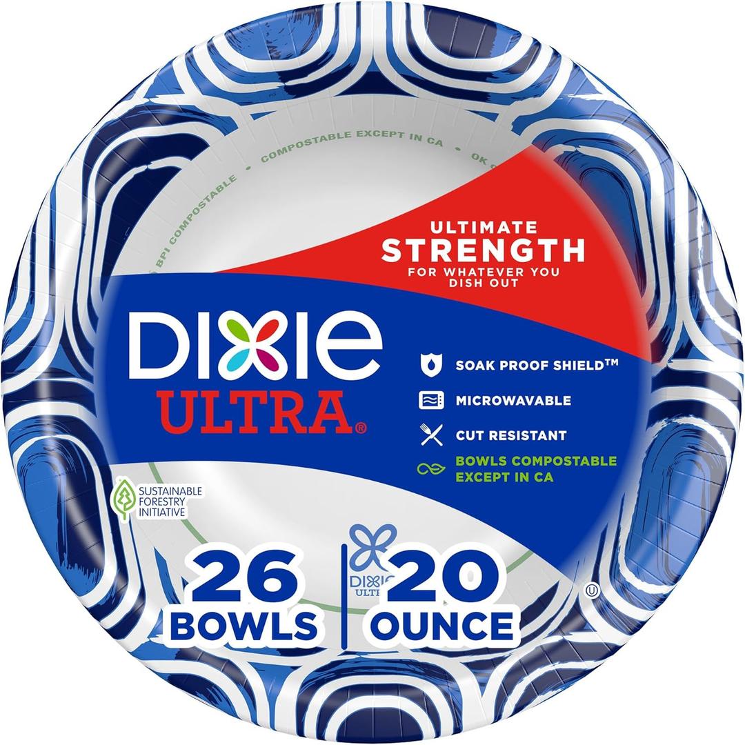 Dixie Ultra, Large Paper Bowls, 20 Oz, 78 Count (3 packs of 26 bowls), Microwave Safe, Compostable, Disposable Bowls Great For Breakfast, Lunch, And Dinner Meals