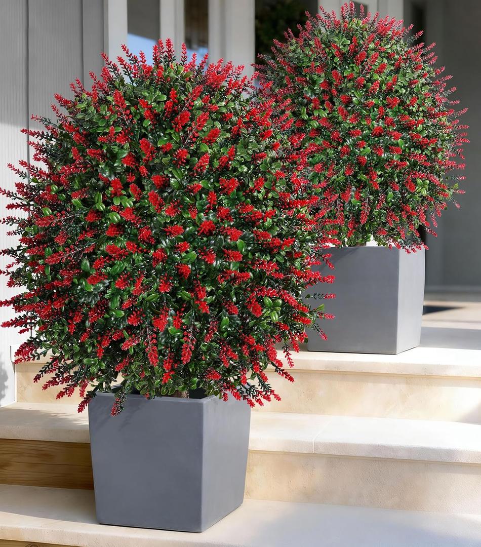 HyeFlora 26'' Artificial Boxwood Topiary Trees with Lavender 2 Pack Fake Plants for Outdoor Indoor Artificial Shrubs with Metal Ground Spike UV Resistant Fake Bushes for Front Porch Garden, Red