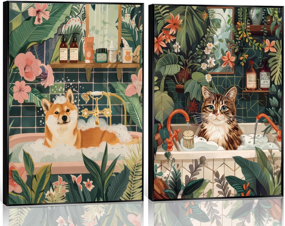 2Pcs Funny Animal Bathroom Wall Art Cat and Dog Taking a Bath Canvas Posters Prints Bohemian Green Plants and Flowers Picture for Bathroom, Toilet Bedroom Wall Decoration Unframed (16x24Poster, Colorful)