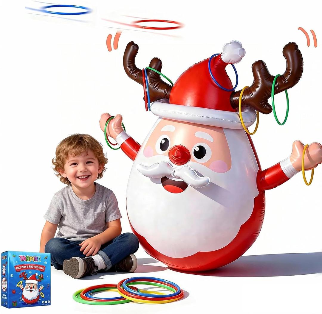 Christmas Games for Family Party, Inflatable Reindeer Ring Toss Game and Wobbling Punching Bag, Fun Christmas Games for Kids and Adults Also Great for Holiday Decoration