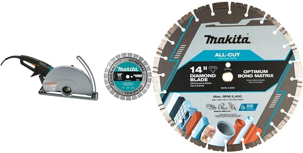 Makita 4114X 14" SJS Electric Angle Cutter, with 14" Diamond Blade with E-23341 14" All-Cut Diamond Blade, Segmented, General Purpose