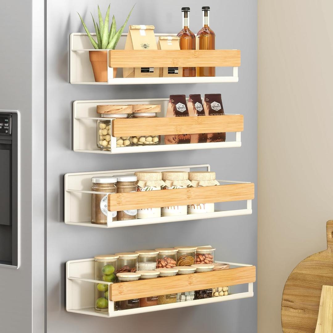 SONGMICS Magnetic Bamboo Spice Rack for Refrigerator, 4 Pack, 2 Large and 2 Small Kitchen Magnetic Shelves for Washing Machine, Spice Organizers, No Drilling Needed, Cream White UKCS062WD01