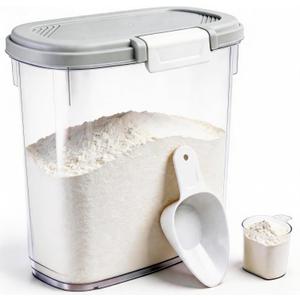 Gray White Rice Storage Container 15-20 Lbs, Tall Flour Container with Scoop + Cup - Slim Dry Food Storage Bin for Cereal, Sugar, Beans, Pet, Dog, Cat Food - Kitchen and Pantry Storage Organization