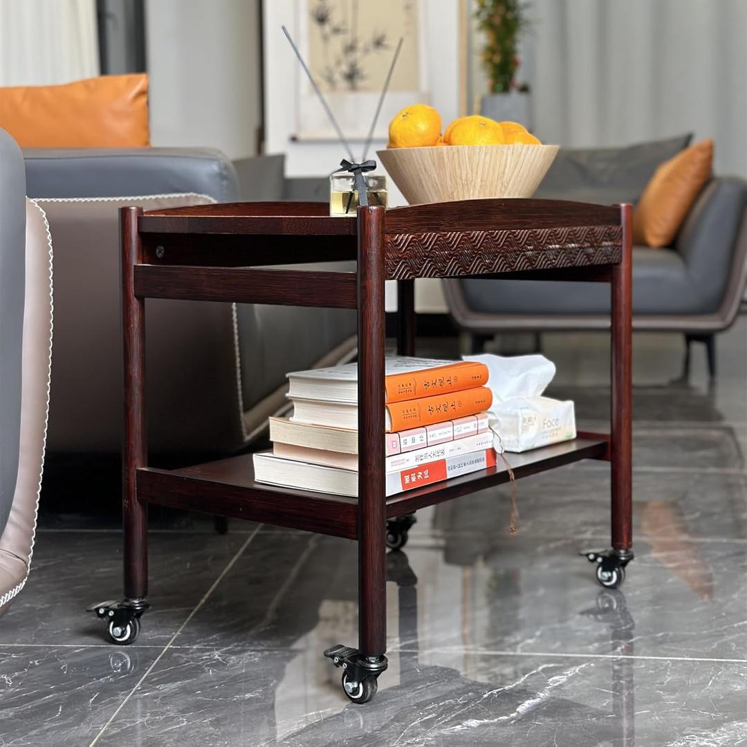 Wooden Sofa Side Table with Wheels, 2-Tier Rolling Tea Cart and Coffee Cart, Mobile Storage Cart with Drawers for Kitchen, Bedroom, Office, Home Bar, and Pantry Organization
