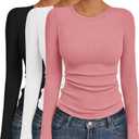 Ekouaer Women's Long Sleeve Shirts 3 Packs Crew Neck Stretchy Fitted Tops Ribbed Base Layer Soft Thermal Undershirts Tee (Black / White / Rose Pink (3pcs)), Small