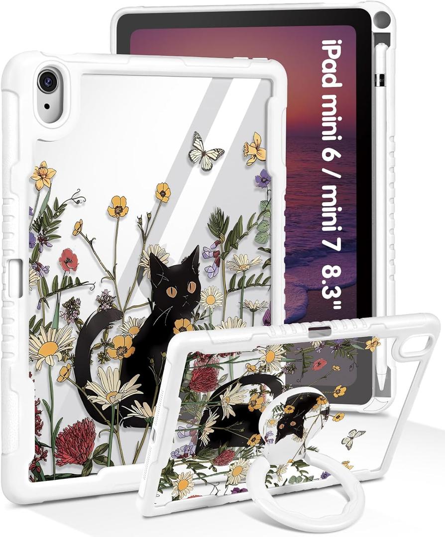 for iPad mini 7 A17 Pro 2024/Mini 6 2021 Case 8.3 Inch - Women Cute Girls with Stand & Pencil Holder Cover Kawaii Black Cat Girly Design Protective Hard Funda for iPad mini 7th/6th Gen