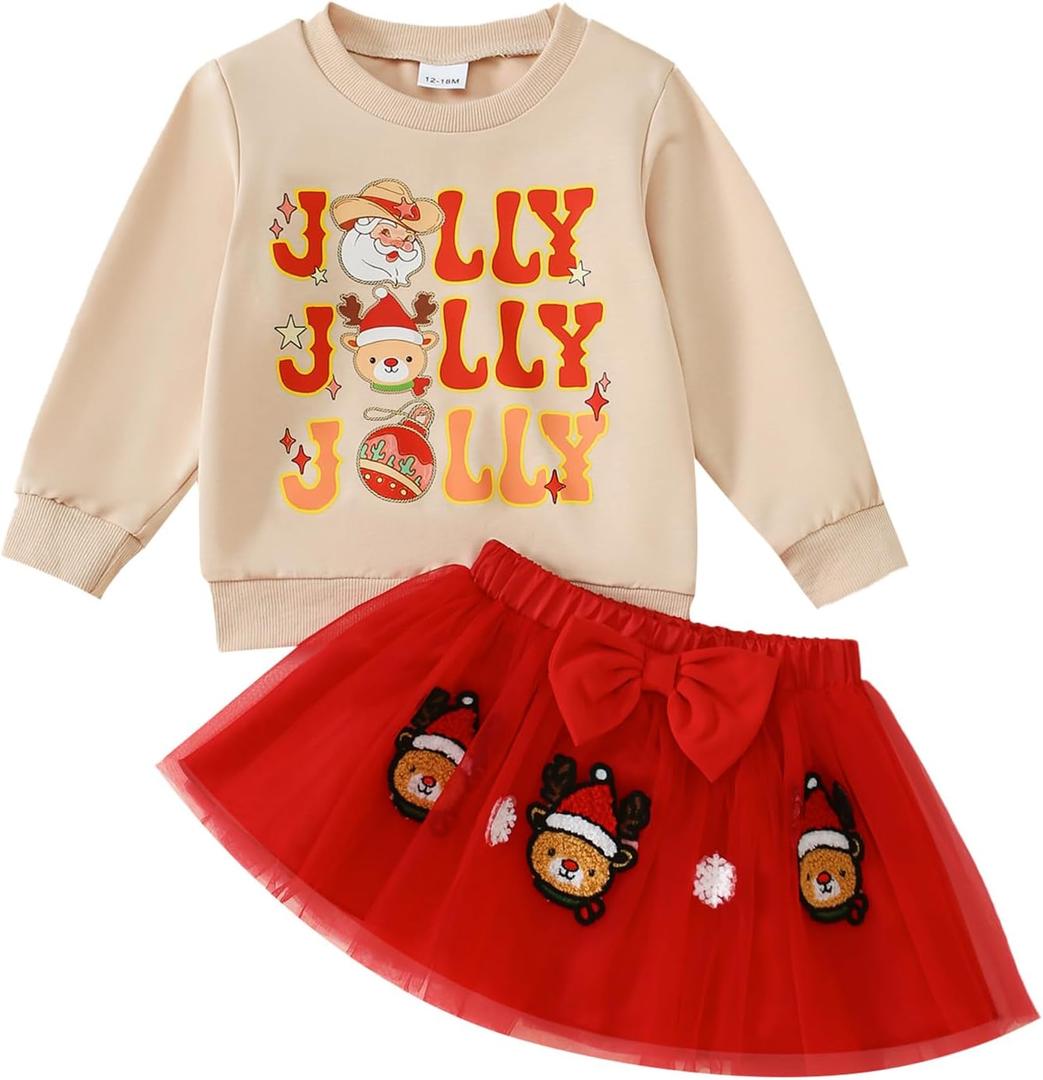 Toddler Girl Christmas Outfit Santa Claus Sweatshirt+Tutu Gauze Skirts Winter Clothes 1-7 Years (2-3T, New-begie)