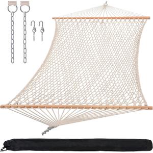 SUNCREAT Hammocks Traditional Rope Double Hammock with Hardwood Spreader Bar and Carrying Bag, 450 lbs Capacity, Natural