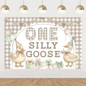 Cheereveal Goose Theme 1st Birthday Backdrop, 3x5ft One Silly Goose Gingham Style Photography Background Decorations for Farm Barnyard Animal Themed Newborn One Year Old First Bday Party Supplies