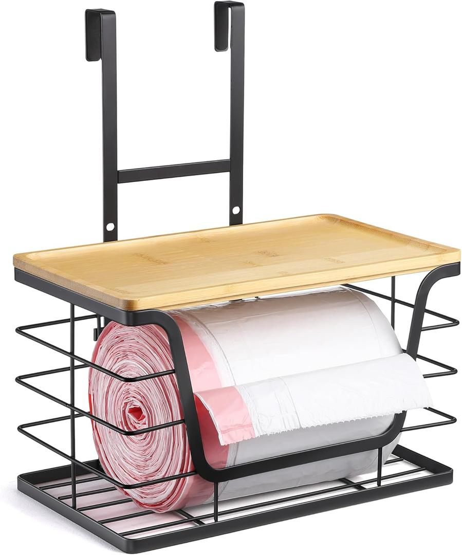 CACHOLIV Large Trash Bag Holder - Extra Large Garbage Bag Holder with Stackable Bamboo Top, Adjustable Hooks for Cabinet Door - Organizers in Kitchen/Pantry