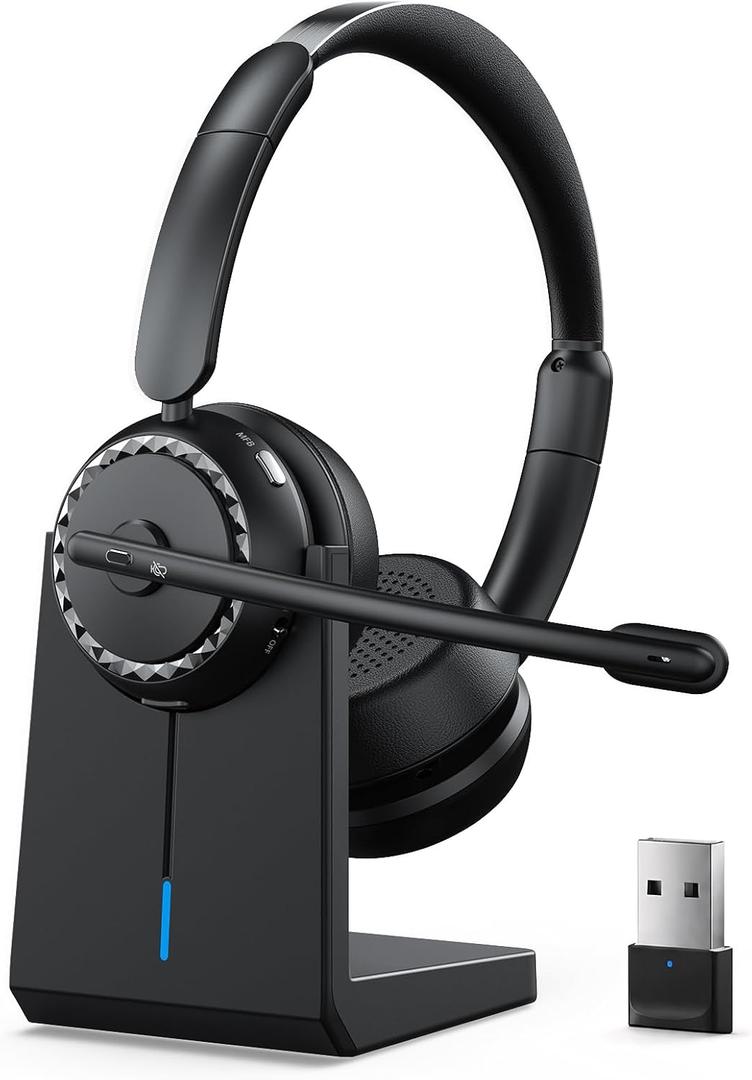 Wireless Headset with Mic for Clear Work Calls, Bluetooth 5.2 Headset with Noise Cancelling Microphone & Mute Button, 40H Talk Time for Zoom Teams, Home Office, PC Mac Laptop Phone (Glossy Black)