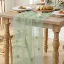 Artoid Mode Sage Green Flower Pearl Green Gauze Table Runner 10FT, Seasonal Sheer Dining Holiday Wedding Birthday Baby Shower Table Decor for Home Party
