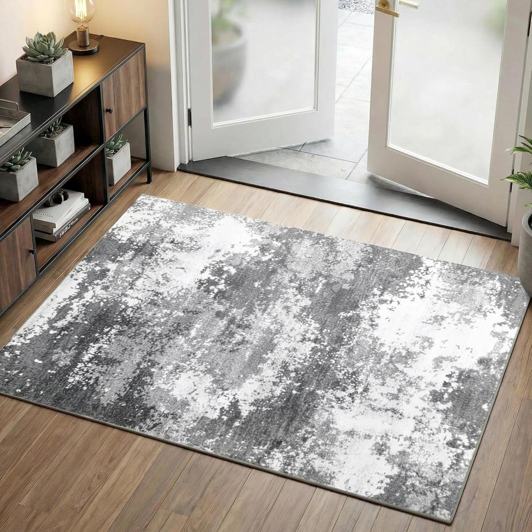 Entryway Rug 3x5 Grey Door Mat Indoor Entrance 36x60, Washable Small Throw Rugs for Kitchen Floor, Entry, Front Door, Bedroom Bedside, Non-Slip Low Pile Stain & Fade Resistant, Abstract Gray