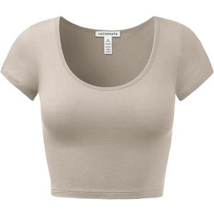 Women's Cotton Crop Tops Short Sleeve Scoop Neck Stretchy Casual Shirt (Beige, XL)