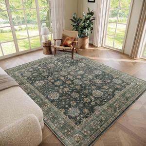 Washable 6x9 Area Rugs for Living Room, Boho Non-Slip Vintage Distress Large Rugs for Bedroom Dining Room Nursery Office, 0.3" Neutral Oriental Throw Thin Carpet, Sage Green/Multi, E1