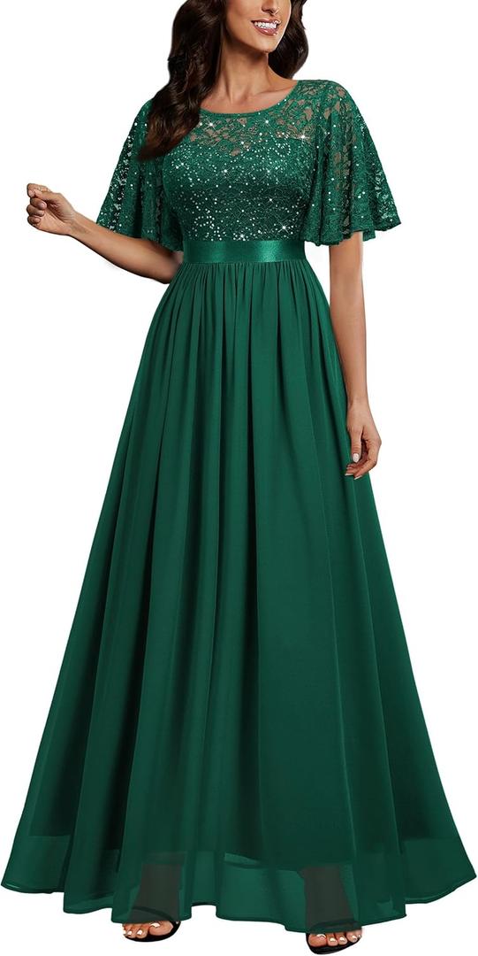 Miusol Women's Elegant Sequin Lace Butterfly Sleeve Formal Evening Maxi Dress (XX-Large, Dark Green)