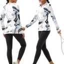 FKEEP Women's Polo Shirts Long Sleeve UPF 50+ Sun Protection Tennis Golf Workout Tops Sport Zipper V Neck (08 Ink Flowers)