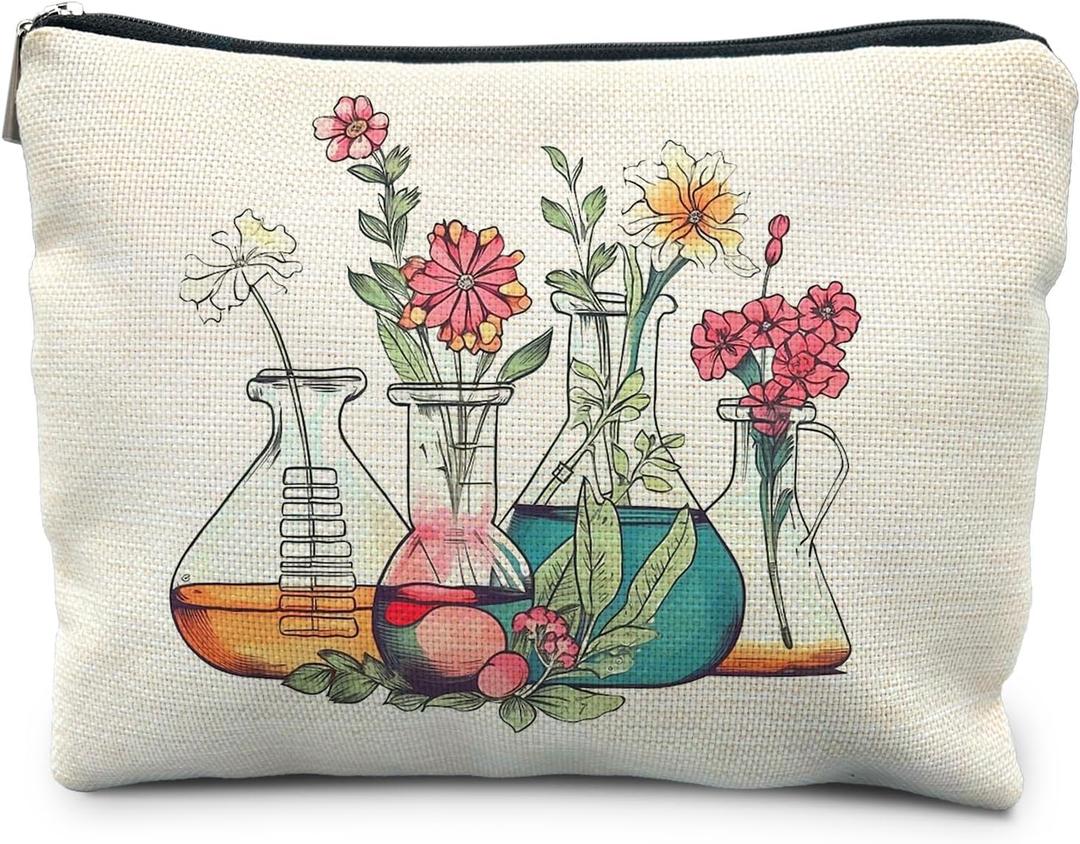 Science Teacher Gifts Makeup Bag - Floral Beakers Cosmetic Pouch (Chemistry - Flower)