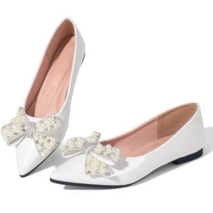 Leather Flats for Women Bling Rhinestone Pointed Non Slip Comfort Slip on Breathable Wedding Dress Ballet Flats Shoes (6, White)