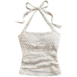 SHENHE Women's Tie Halter Neck Backless Ruched Slim Fit Textured Summer Cute Crop Top