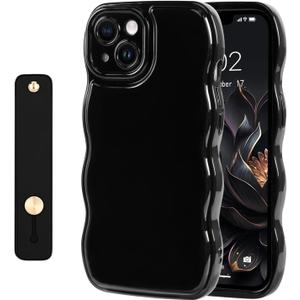 NITITOP Compatible with iPhone 15 Case Cute Simple Wave Design Stylish Wavy Curly Frame with Wrist Adjustable Hand Strap Kickstand Grip Holder Soft Silicone Protective Cover - Black