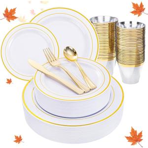 150Pcs Gold Plastic Plates, White Gold Plastic Dinnerware Set Perfect Party, Thanksgiving Disposable Plates Include 25 Dinner Plates,25 Dessert Plates,25 Cups,25 Gold Silverware Set