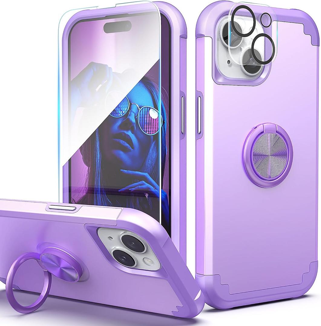 IDweel for iPhone 15 Case with Screen Protector + 360Ring Holder Stand + Camera Lens Protector,2 in 1 Shockproof Slim Fit Hybrid Heavy Duty Hard PC Cover Soft Silicone Bumper Full Body Case,Purple