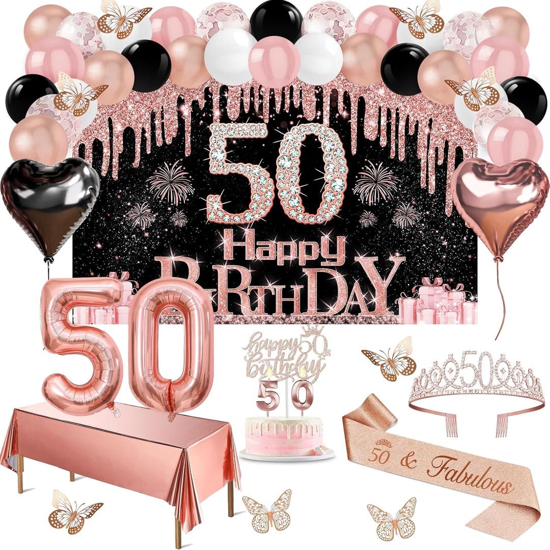 50th Birthday Decorations for Women, 49pcs Black Rose Gold Black Happy 50th Birthday Banner, Tablecloth, Butterfly Decor, Sash and Tiara, Cake Topper, Candles, Balloons Arch