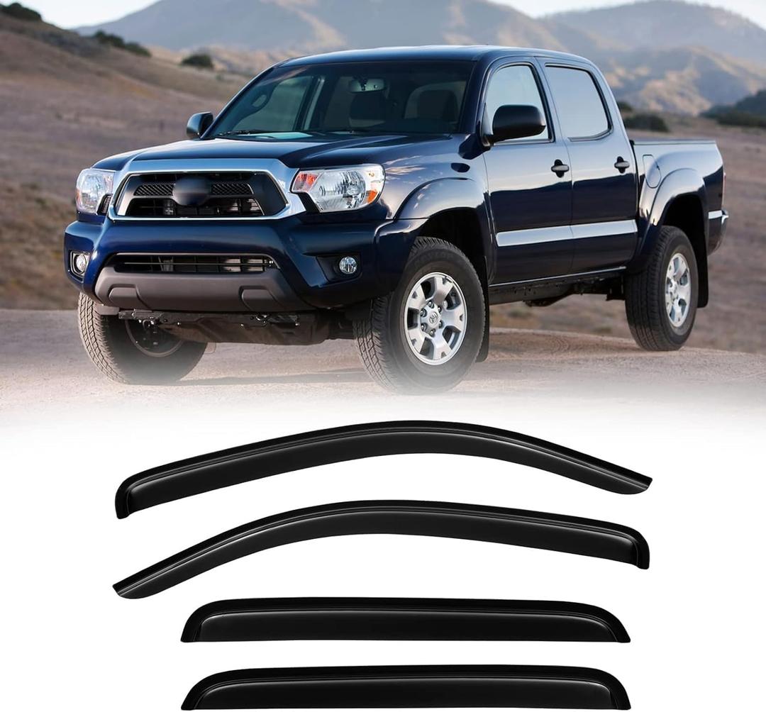 Window Visor for 2005-2015 Toyota Tacoma Double Cab, Out-Channel Rain Guards Shields Vent Deflector Shade Wind Dark Smoke 2006 2007 2008 2009 2010 2011 2012, Outside-Mount, 4PCS