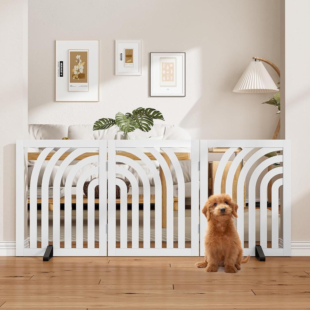 Dog Gate, Wooden Dog Gates for Doorways House and Stairs, Freestanding Pet Gate for Dogs, Puppy Fences Indoor, 3 Panel - 55"W X 24"H, White