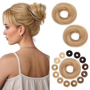Hairro Messy Bun Hair Piece Human Hair, 100% Real Ponytail Scrunchies Natural Curly Chignon Fluffy Donut Updo, Hairpiece with Elastic Rubber Band for Women, 2 Count Golden Brown Mix Bleach Blonde