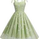 IDOPIP Women Vintage Bowknot Swing Dress Elegant Leaf Embroidery Mesh Dress 1950s Retro Cocktail Prom Gown Formal Midi Dress (X-Large, Green)