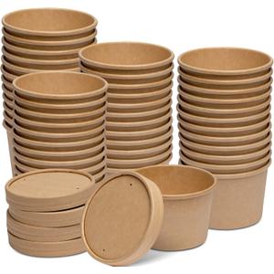 GUSTO 8 oz. Paper Food Containers With Vented Lids, To Go Hot Soup Bowls, Disposable Ice Cream Cups, Kraft - 50 Sets